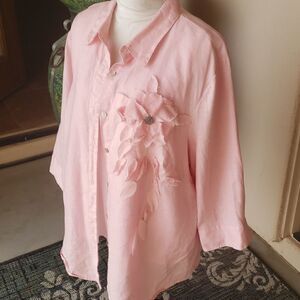 soft pink colored embellished linen long sleeve blouse size 3X